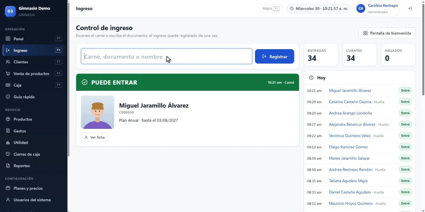 Control de ingreso de GymSoft Local