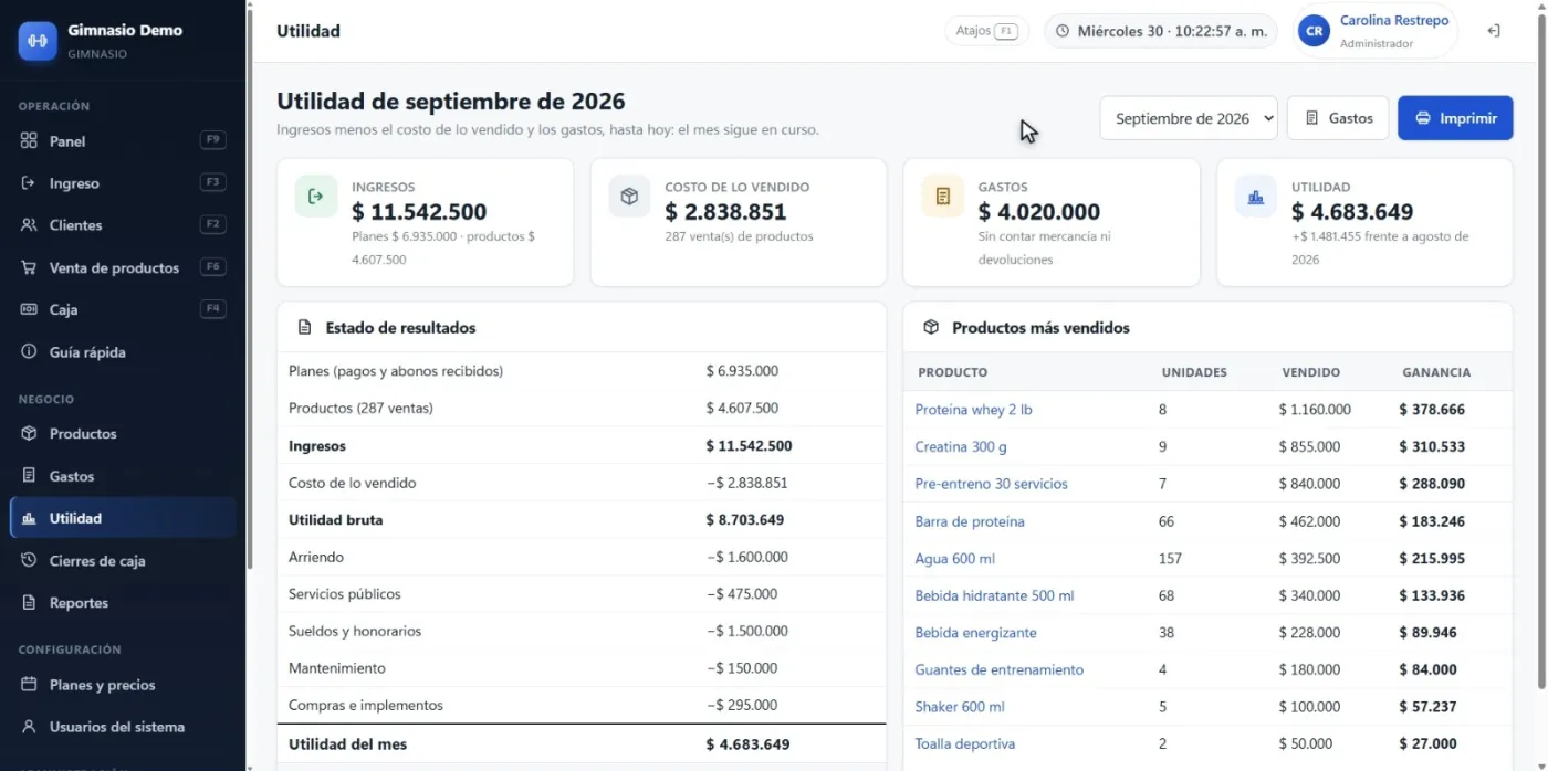 Utilidad del mes de GymSoft Local
