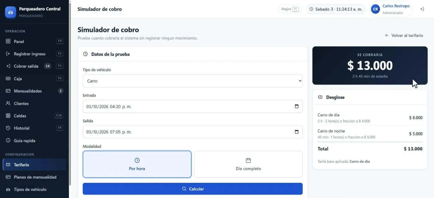 Simulador de tarifas de ParkSoft